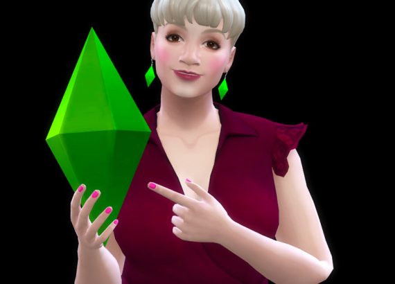 Suanne's simself holding a plumbob and pointing to it