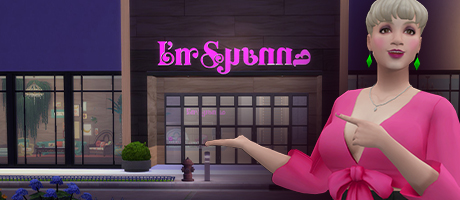 Suanne's simself pointing at her ingame store