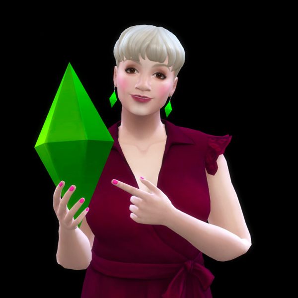 Suanne's simself holding a plumbob and pointing to it